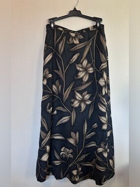 Vintage Silk Jones New York Black Maxi Skirt with Beige Floral Lillies Print